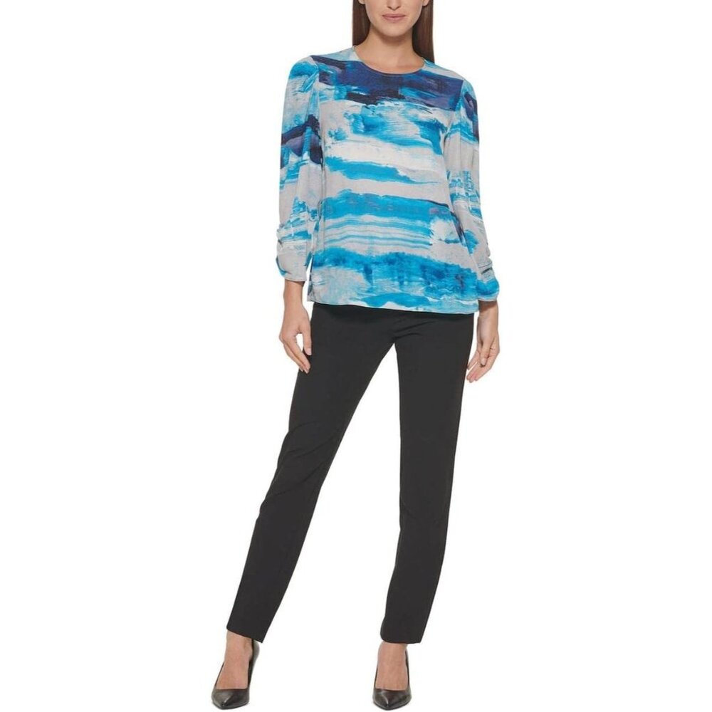DKNY Womens Blouse Top Sheer Tie Dye Print Long Sleeves Blue Petites Size PXS